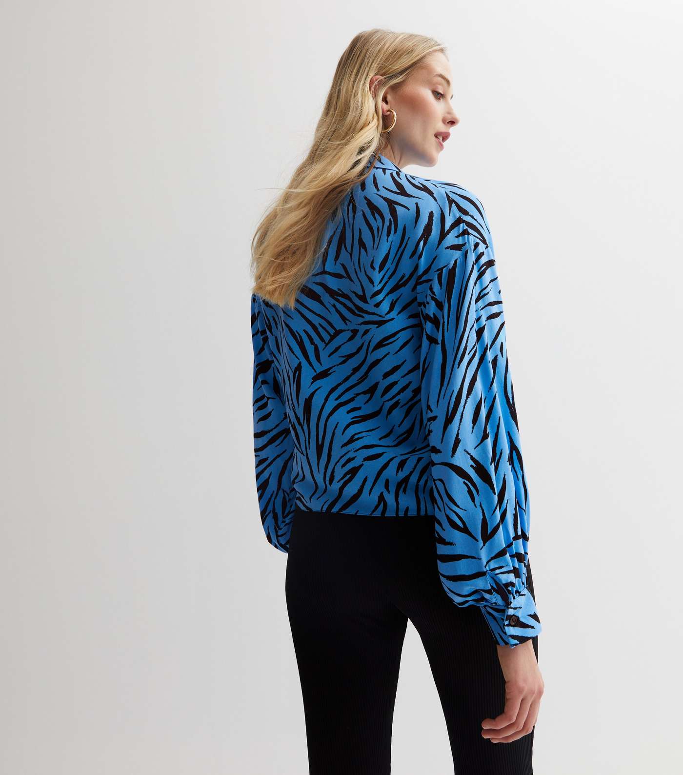 Blue Zebra Print Satin Long Sleeve Tie Front Shirt Image 4