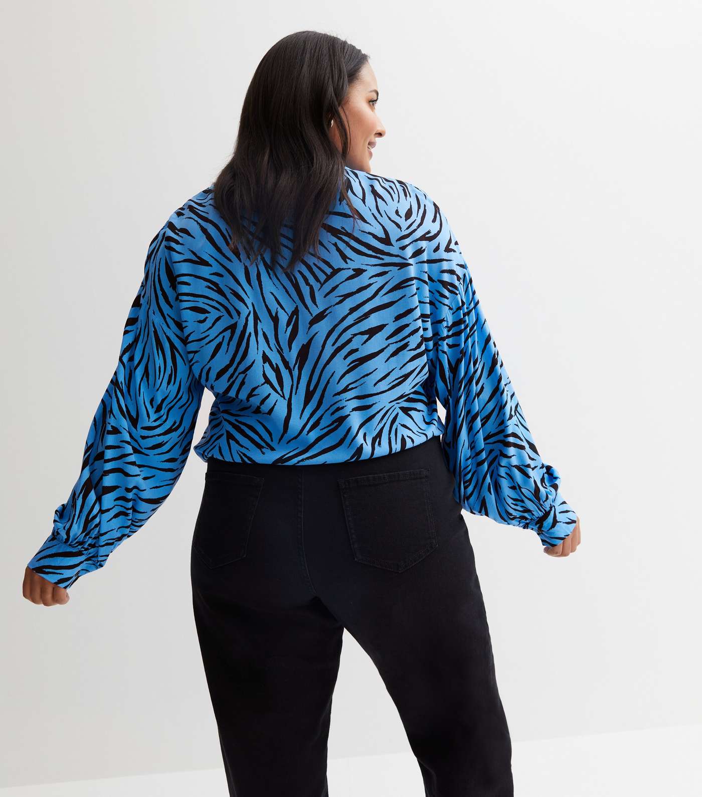 Blue Zebra Print Satin Long Sleeve Tie Front Shirt Image 6