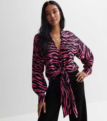 Pink Zebra Print Satin Tie Front Shirt