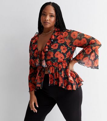 Curves Red Floral Mesh Long Flared Sleeve Tie Front Peplum Top New Look