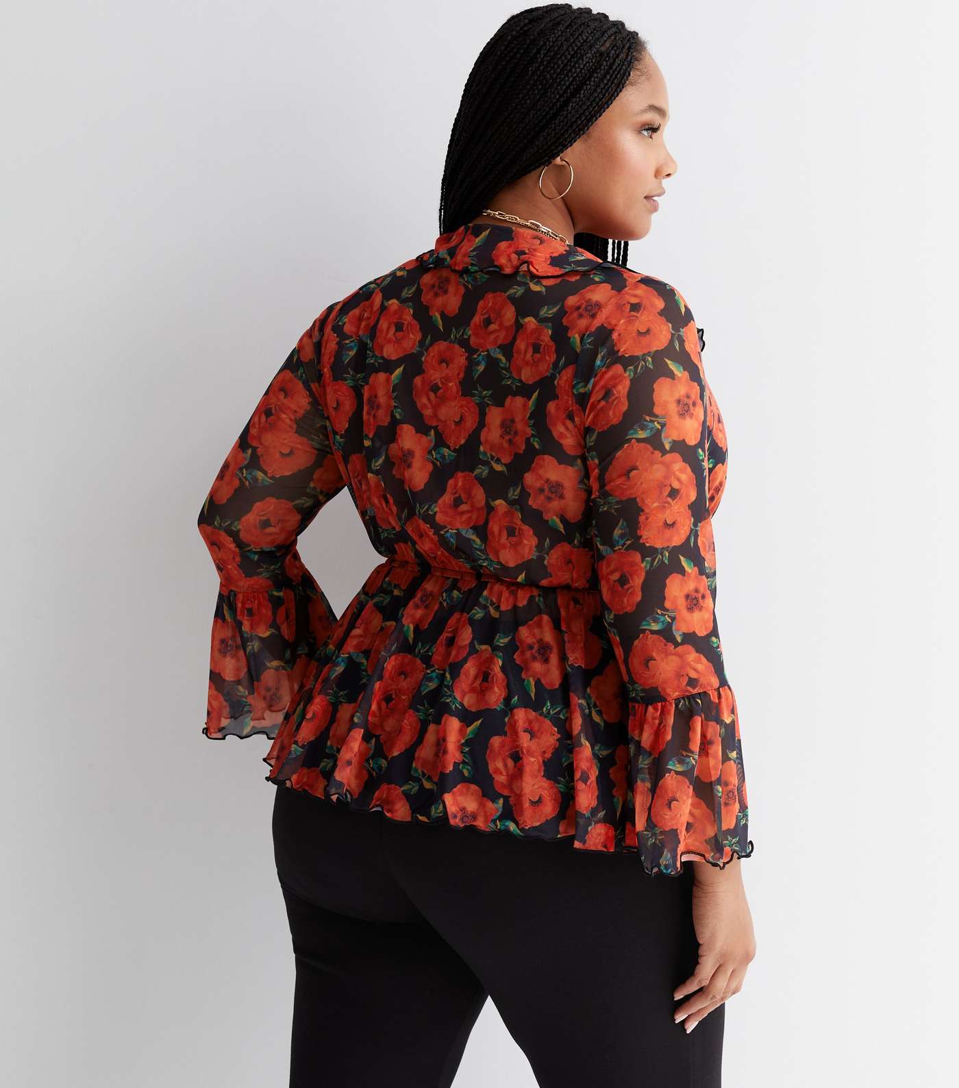 Curves Red Floral Mesh Long Flared Sleeve Tie Front Peplum Top Image 4
