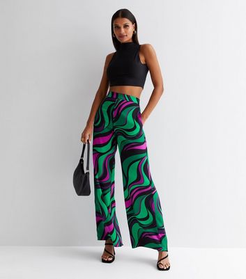 Curves Green Tiger Print Wide Leg Trousers | New Look