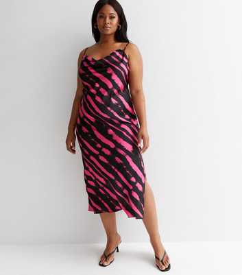 Curves Pink Abstract Satin Cowl Neck Strappy Midi Dress