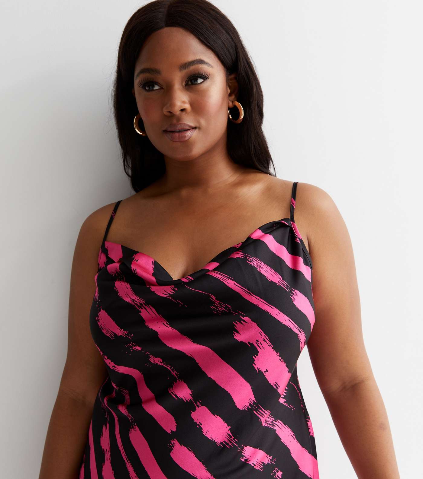 Curves Pink Abstract Satin Cowl Neck Strappy Midi Dress Image 2