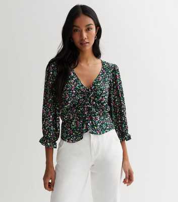 Black Ditsy Floral Ruched Tie Front Peplum Blouse