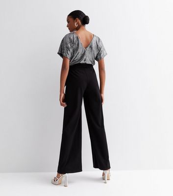 Black 2 in 1 Sequin Batwing Tie Waist Jumpsuit New Look