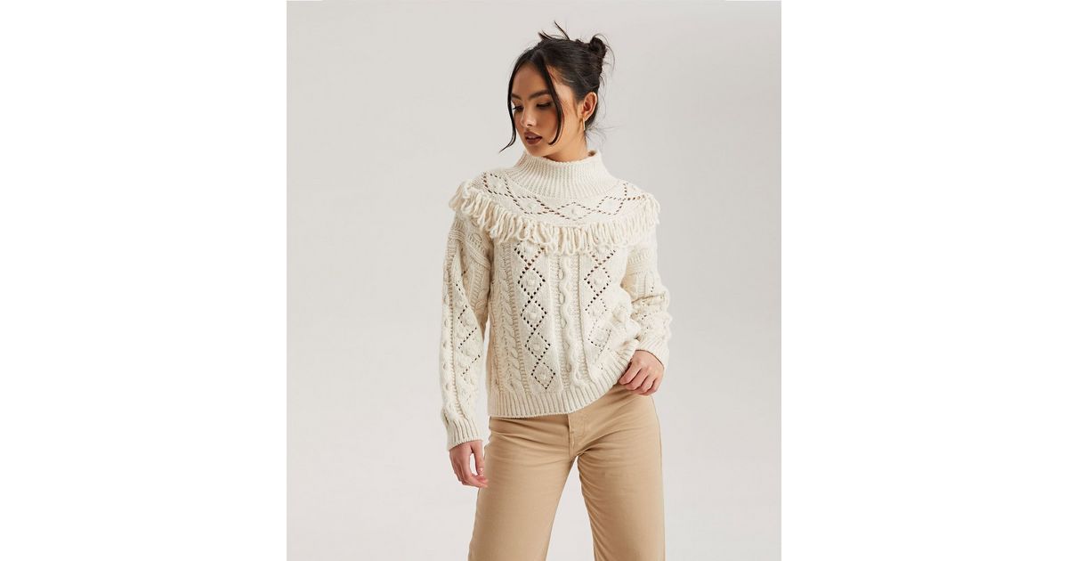 Urban Bliss Cream Cable Knit High Neck Tassel Trim Jumper New Look
