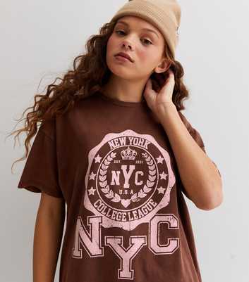 Girls Dark Brown NYC Logo Oversized T-Shirt