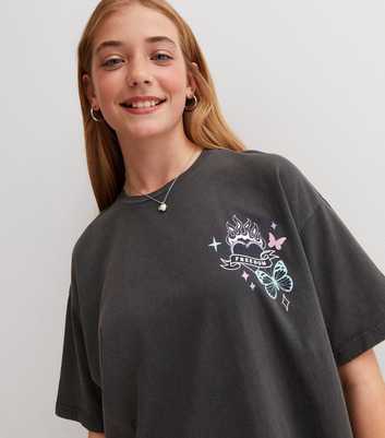 Girls Dark Grey Butterfly Freedom Logo Long T-Shirt