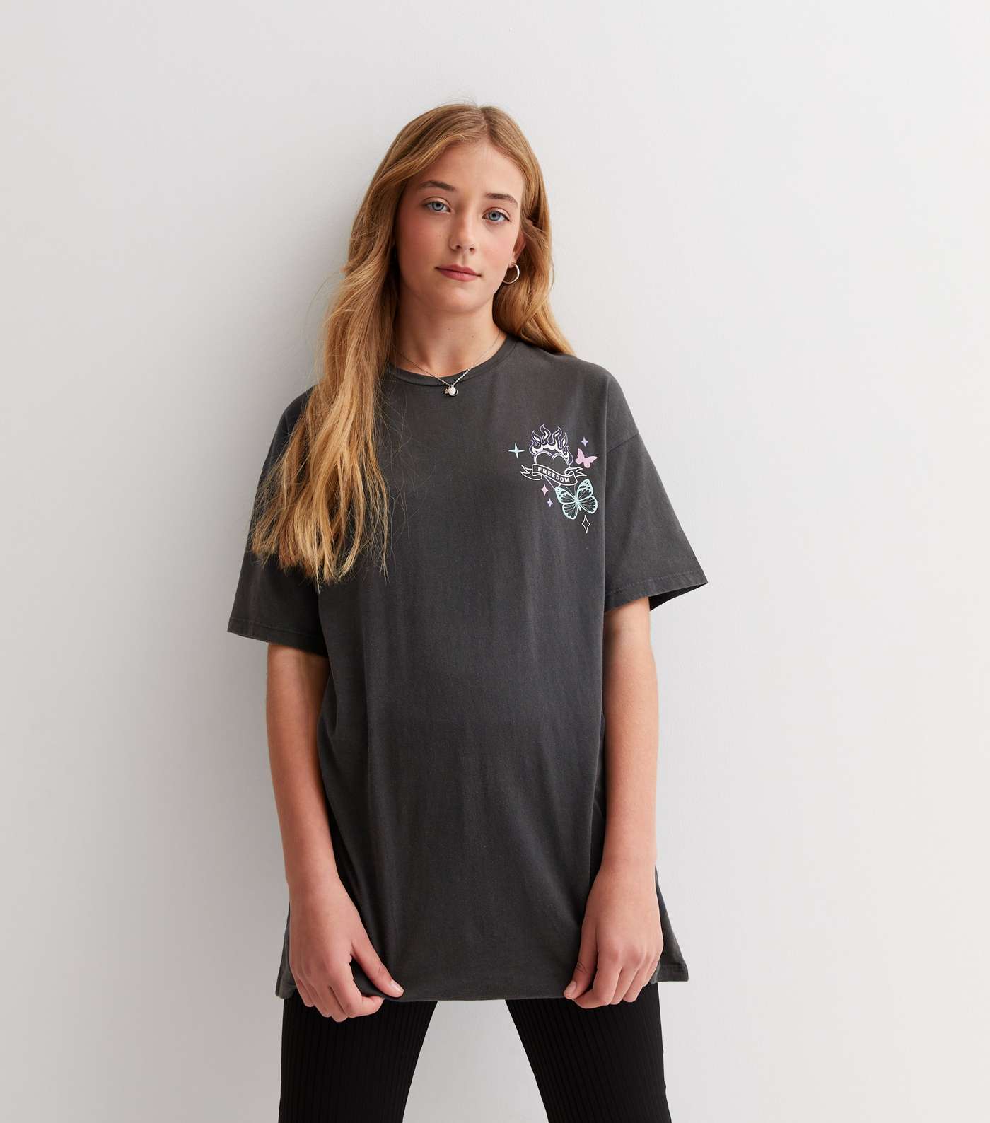 Girls Dark Grey Butterfly Freedom Logo Long T-Shirt Image 3