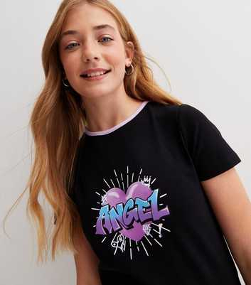 Girls Black Heart Graffiti Angel Ringer Logo T-Shirt