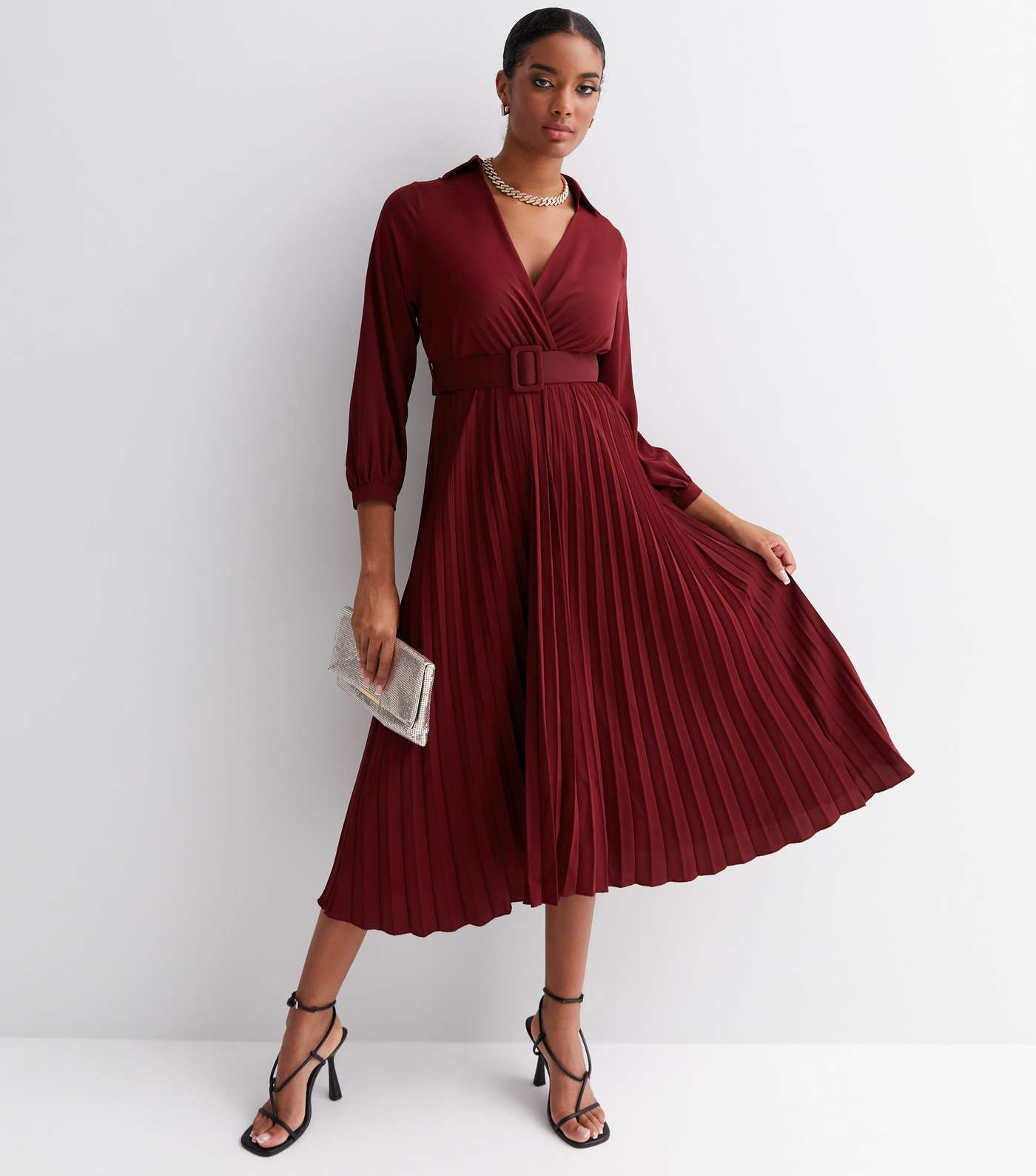 Cameo Rose Burgundy Satin Collared Pleated Belted Midi Wrap Dress Image 2