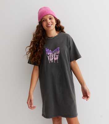 Girls Dark Grey Positive Vibes Butterfly Logo T-Shirt Dress