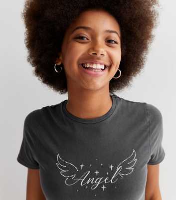 Girls Dark Grey Angel Diamanté Logo T-Shirt Dress