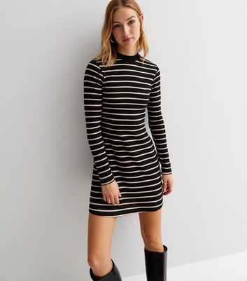 Black Stripe Ribbed Jersey High Neck Mini Dress