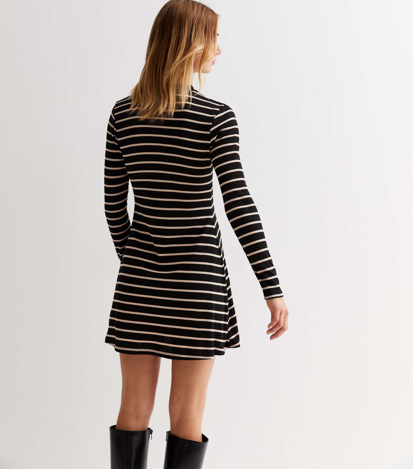 Black Stripe Ribbed Jersey High Neck Mini Dress Image 4