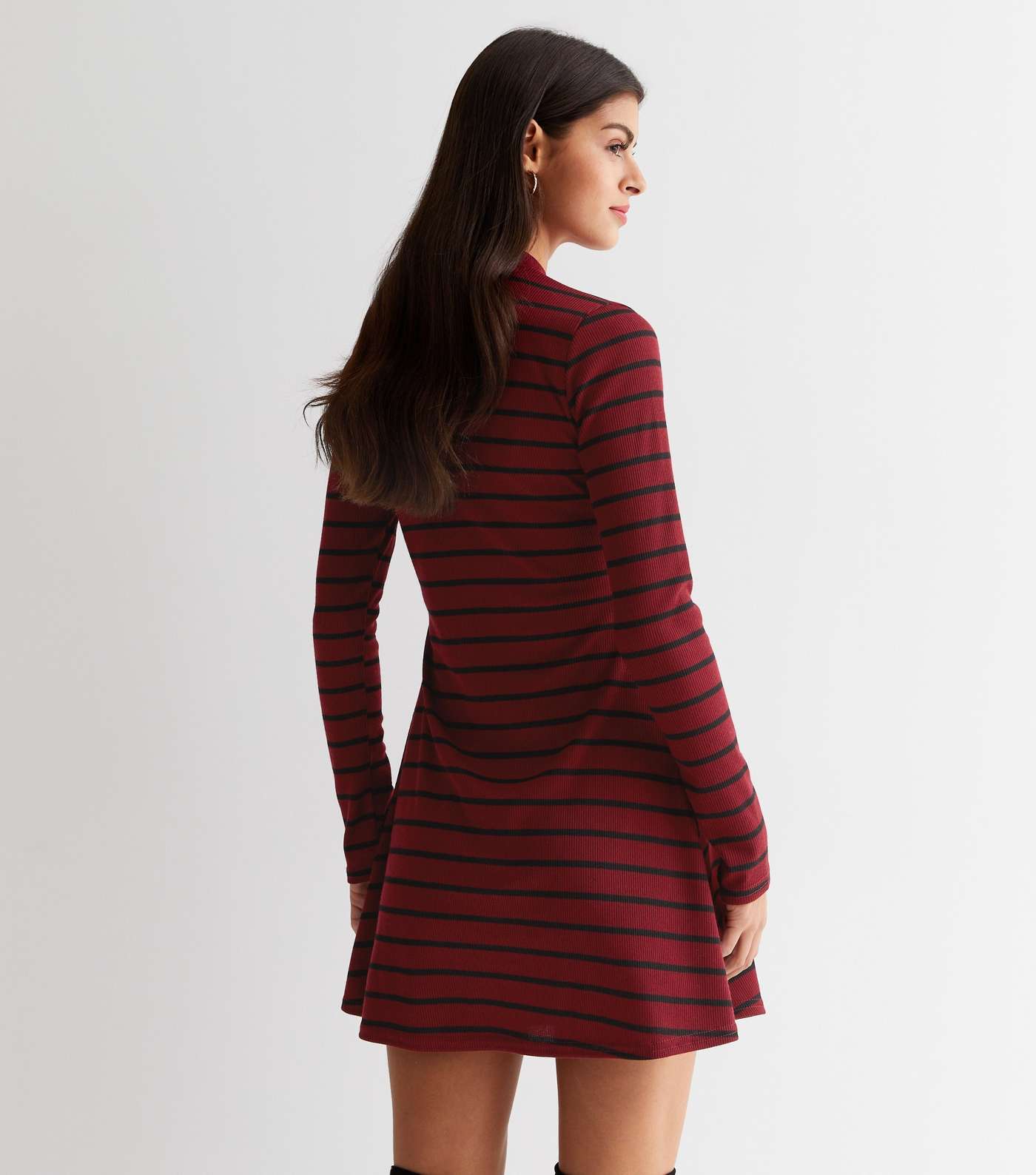 Red Stripe Ribbed High Neck Mini Dress Image 4