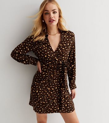 Brown Leopard Print Collared Long Sleeve Mini Wrap Dress