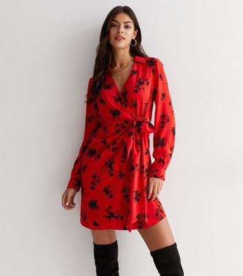 Red floral long sleeve wrap sale dress