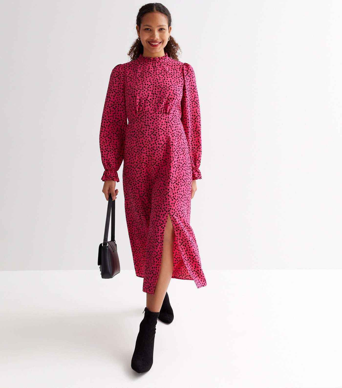 Pink Animal Print High Neck Long Puff Sleeve Split Hem Midi Dress Image 2