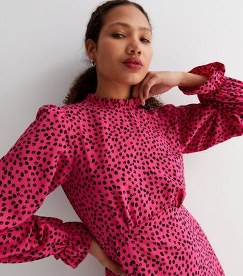 Pink Animal Print High Neck Long Puff Sleeve Split Hem Midi Dress New Look