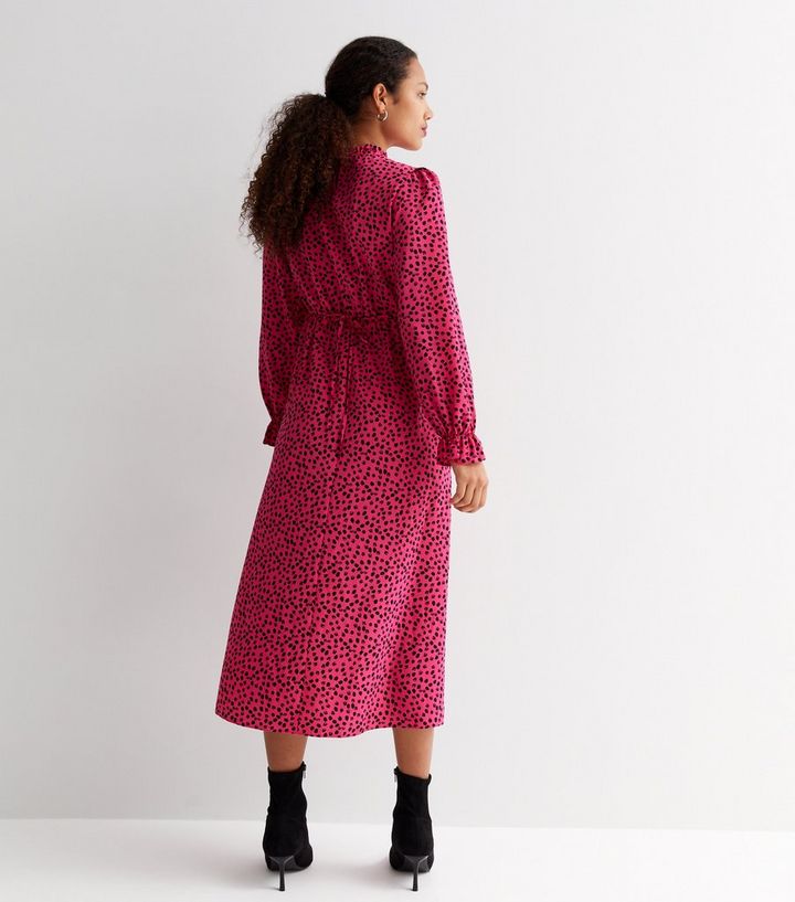 Pink Animal Print High Neck Long Puff Sleeve Split Hem Midi Dress | New Look