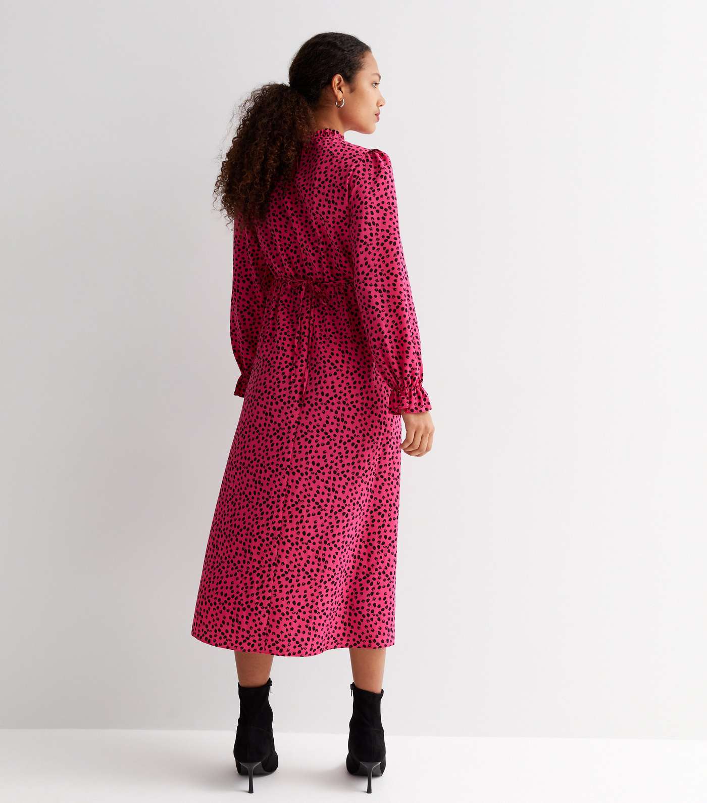 Pink Animal Print High Neck Long Puff Sleeve Split Hem Midi Dress Image 4