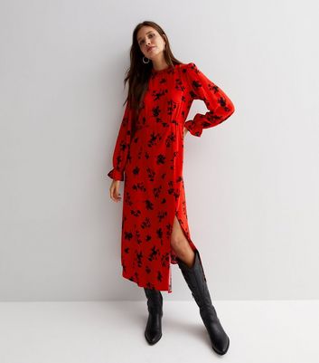 Red Floral High Neck Long Puff Sleeve Split Hem Midi Dress