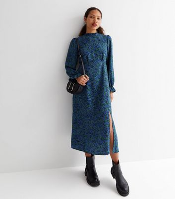 Blue Floral High Neck Long Puff Sleeve Midi Dress New Look