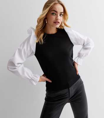 Black Knit Contrast 2-in-1 Long Sleeve Frill Shoulder Top