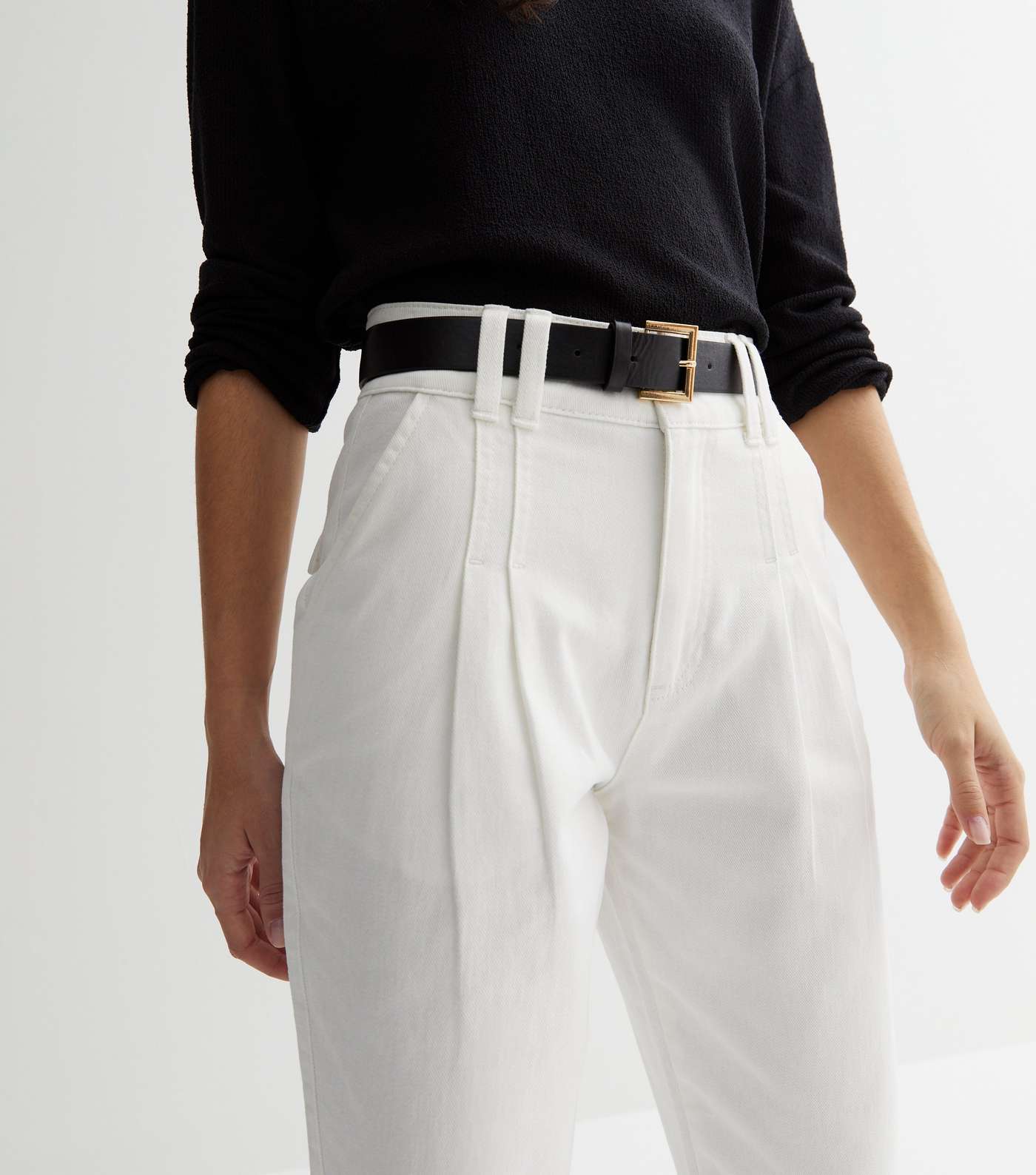 Off White Denim Belted Crop Trousers Image 2
