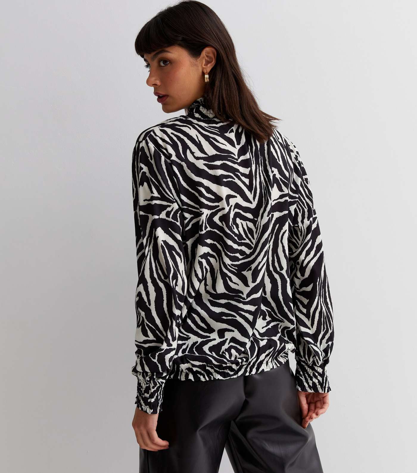 Cameo Rose Black Zebra Print Shirred High Neck Long Sleeve Blouse Image 4