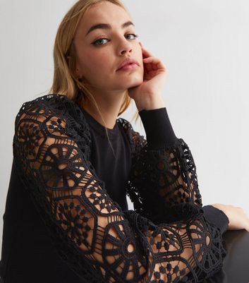 Cameo Rose Black Knit Crochet Long Sleeve Jumper New Look