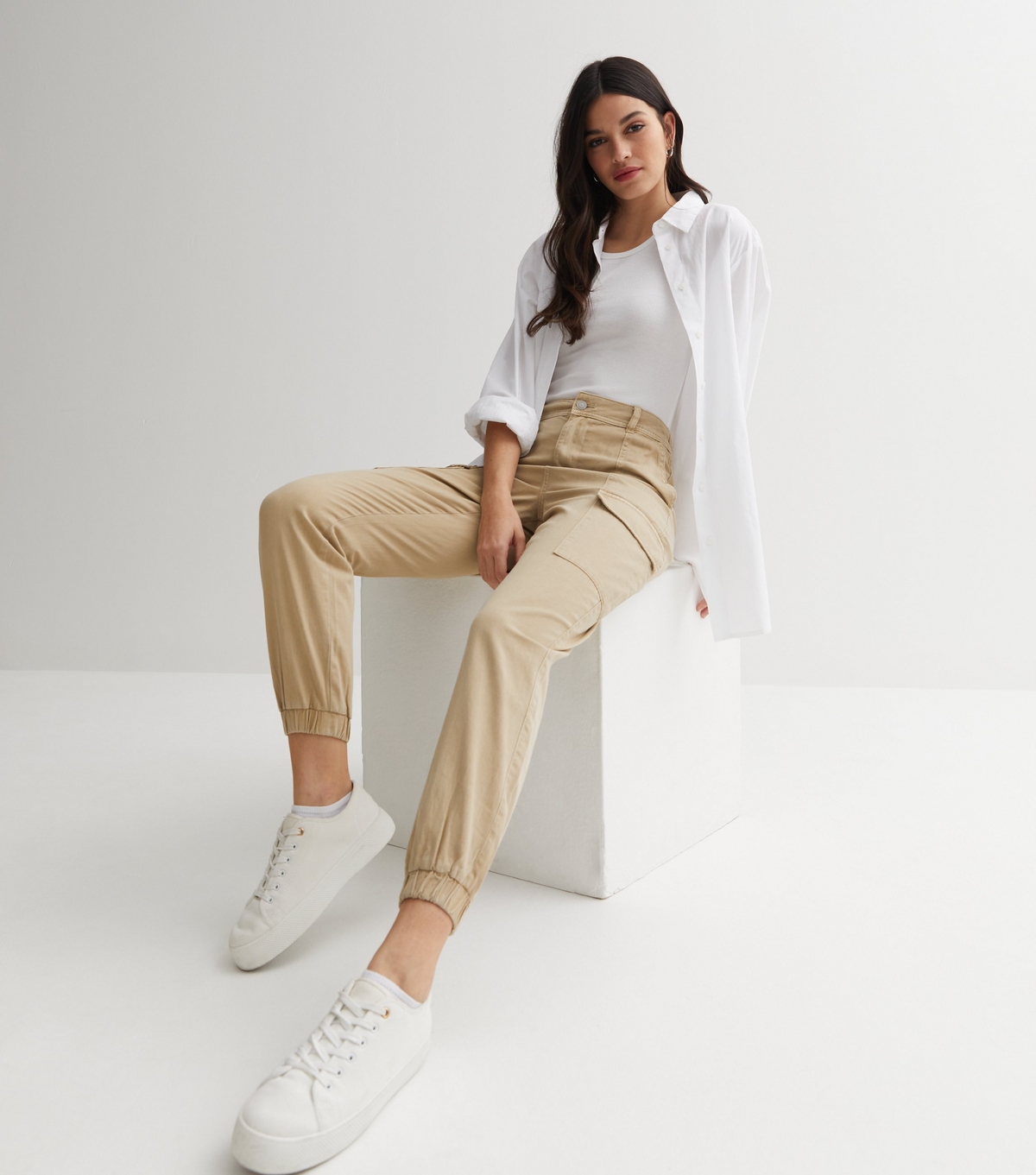 Women's Stone Cotton Cuffed Cargo Trousers New Look