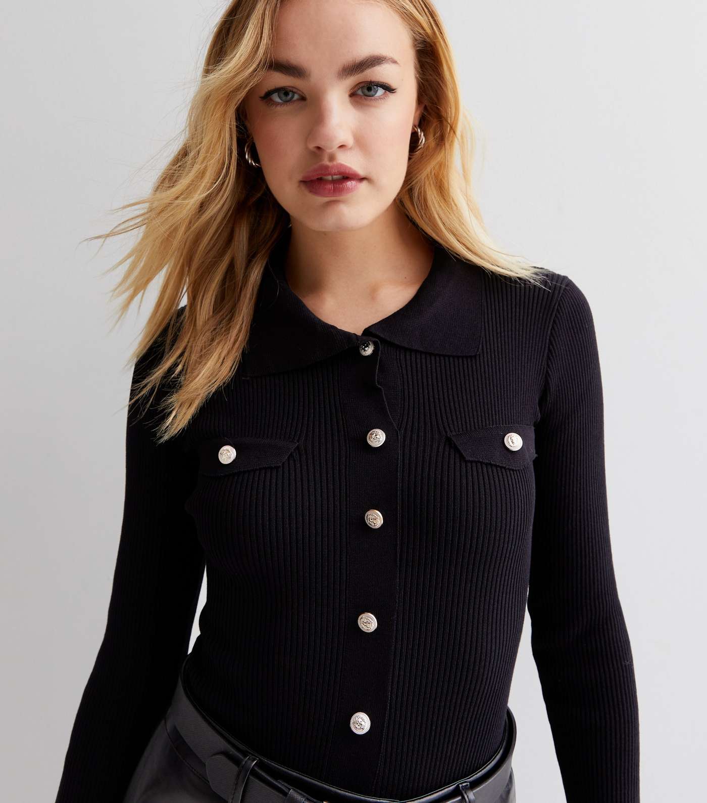 Cameo Rose Black Knit Collared Button Front Bodysuit Image 3