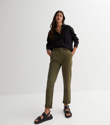 Dark Green High Tie Waist Tapered Trousers | New Look