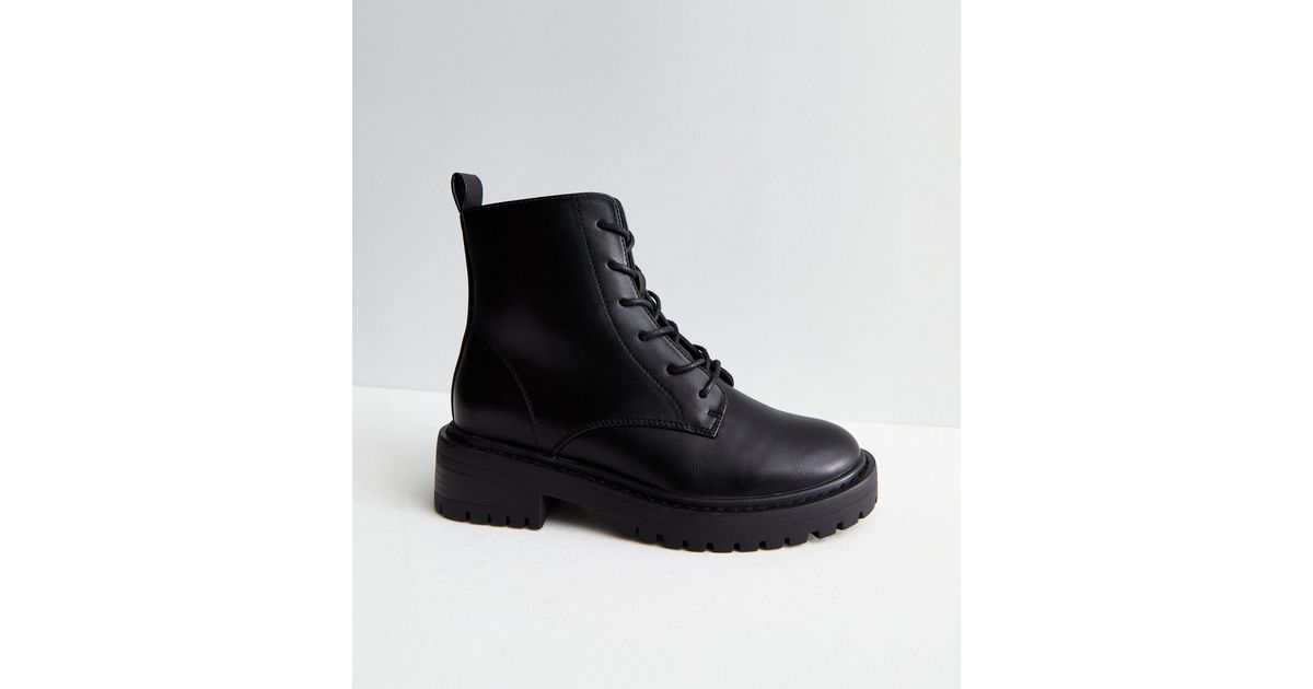 ONLY Black Leather-Look Chunky Lace Up Boots New Look
