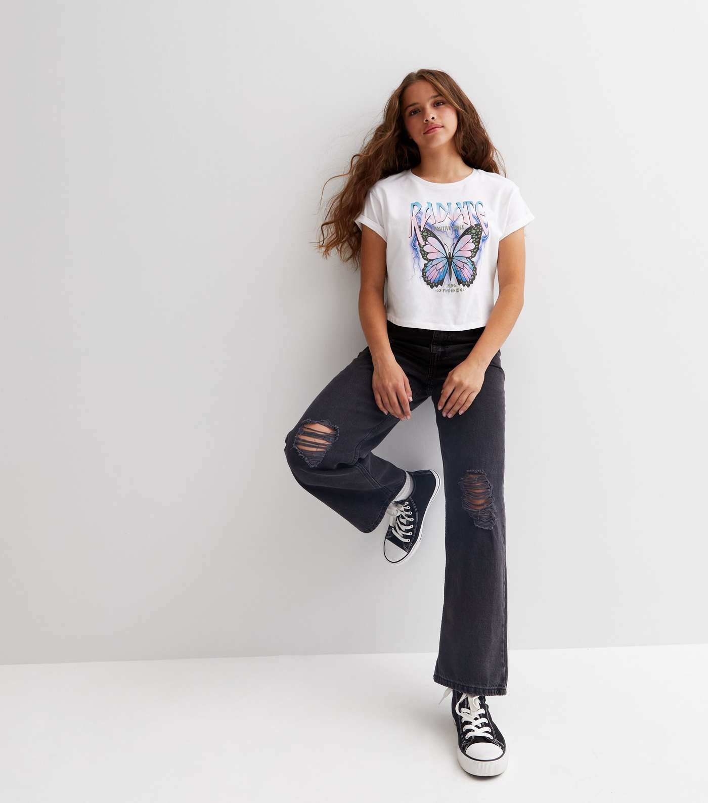 Girls White Butterfly Positive Vibes Logo T-Shirt Image 2