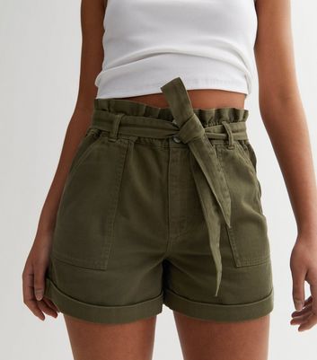 Khaki Belted Paperbag Shorts
