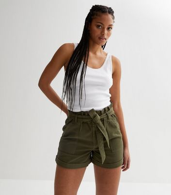 Khaki Belted Paperbag Shorts New Look