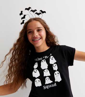 Girls Black Halloween Ghost Squad Glitter Logo T-Shirt
