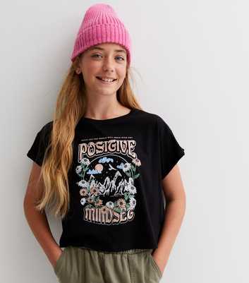 Girls Black Flower Positive Mindset Logo T-Shirt