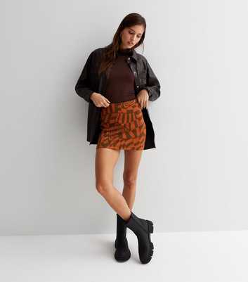 NEON & NYLON Brown Abstract Retro Print Mini Skirt 