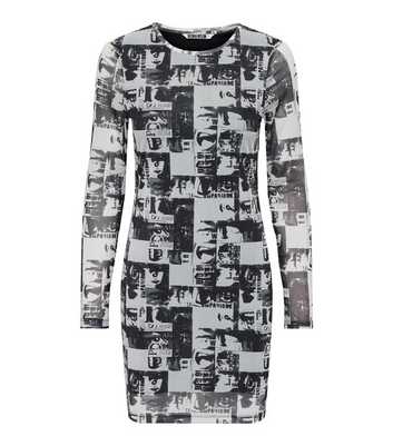 NEON & NYLON Black Newspaper Print Mesh Long Sleeve Mini Dress