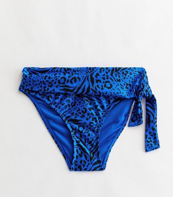 Bright Blue Animal Print Tie Side Bikini Bottoms New Look