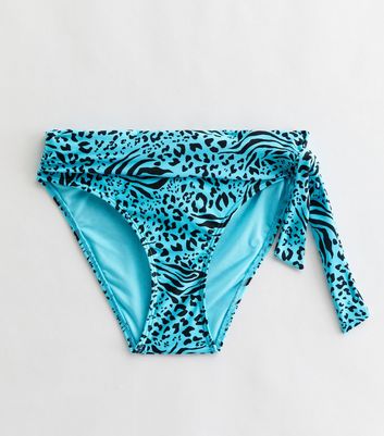 Turquoise Animal Print Fold Down Tie Side Bikini Bottoms New Look