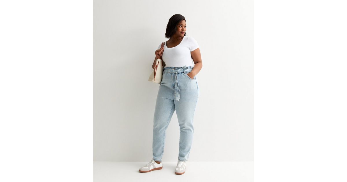 Curves Blue Paperbag High Waist Belted Dayna Tapered Jeans New Look