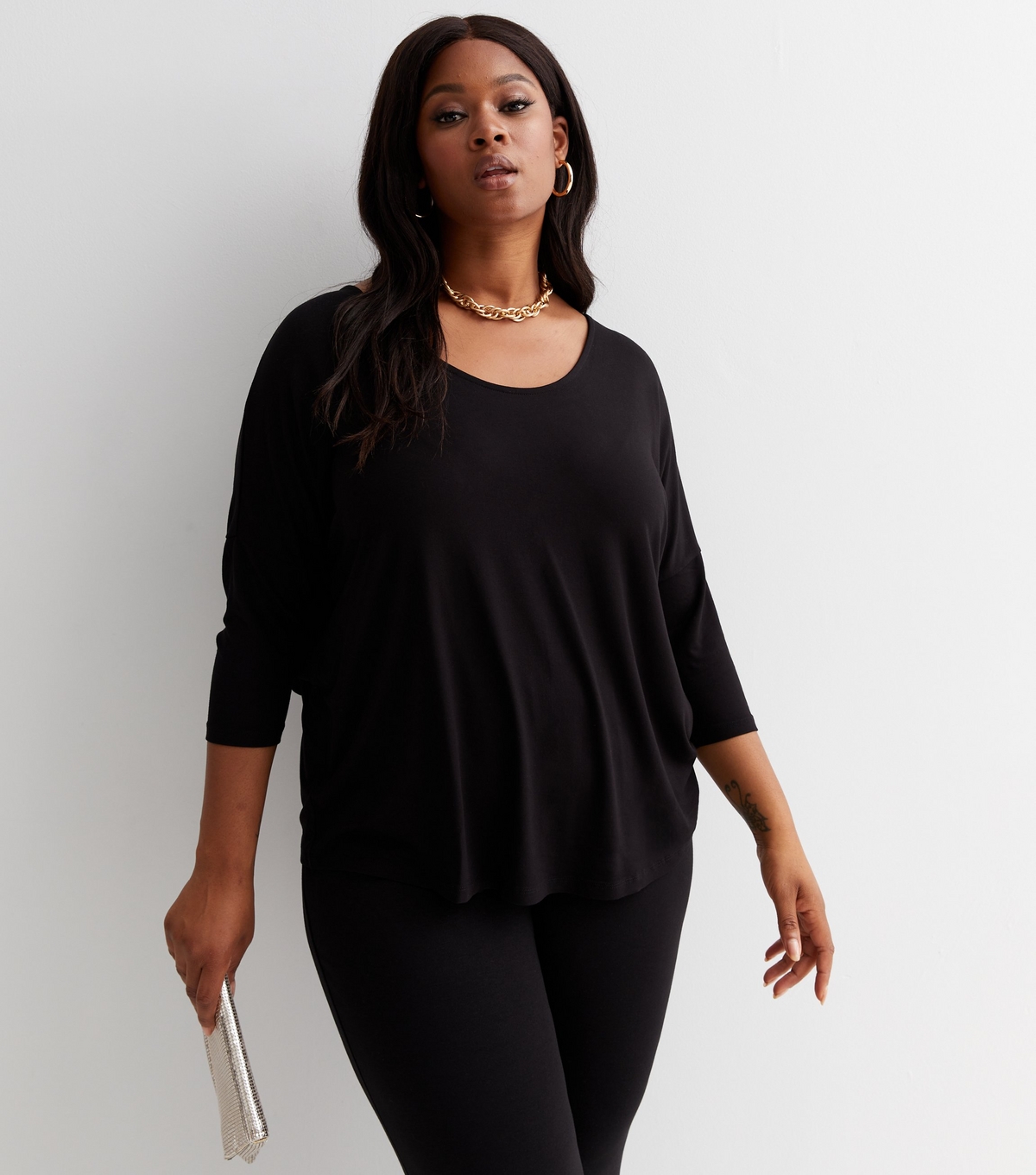 Women's Plus Size Black Jersey 3/4 Sleeve Chain Top Curves New Look