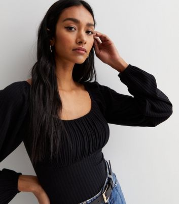 Black Ribbed Jersey Long Puff Sleeve Bustier Top