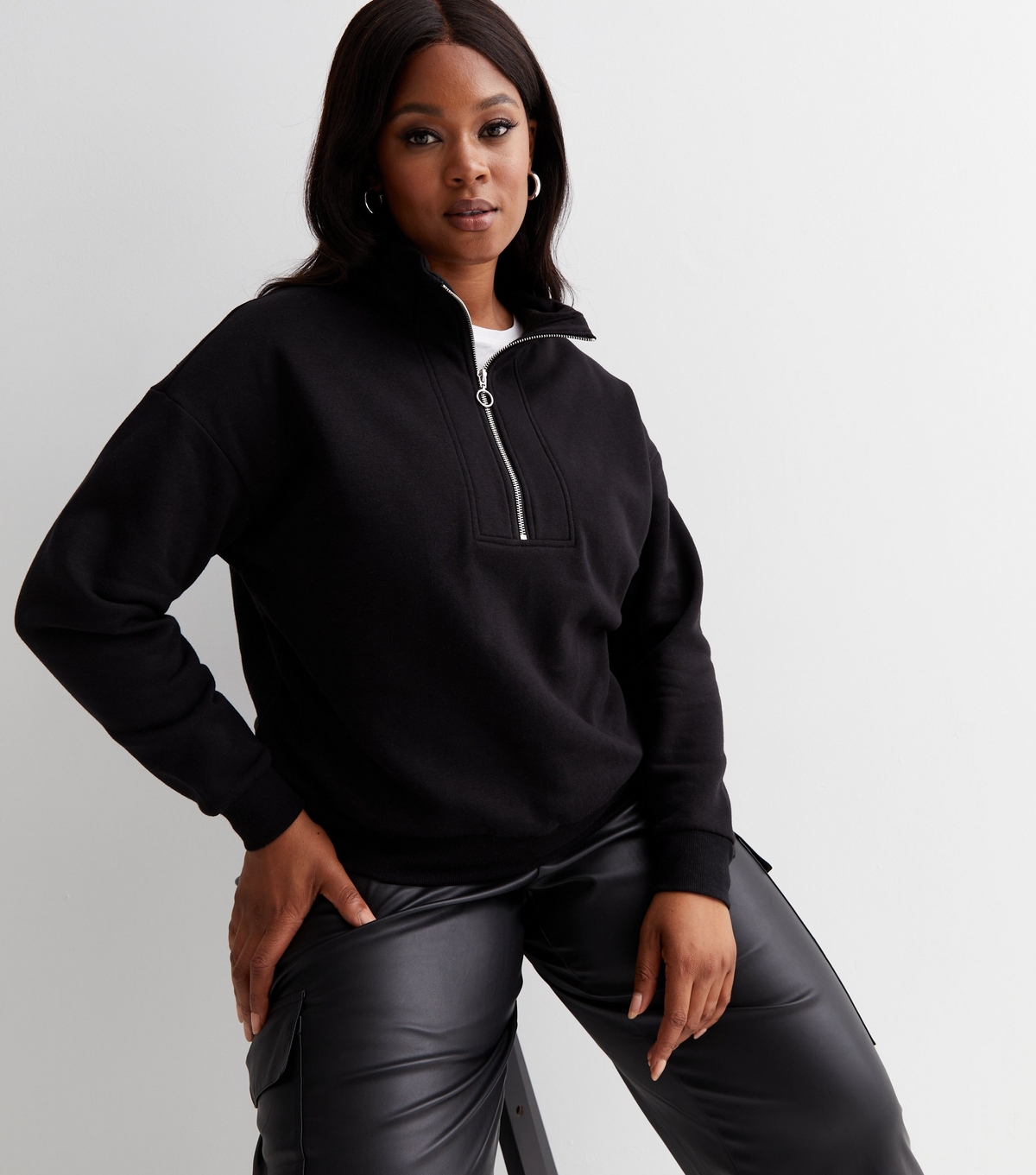 Women's Plus Size Black 1/2 Zip High Neck Sweatshirt Curves New Look